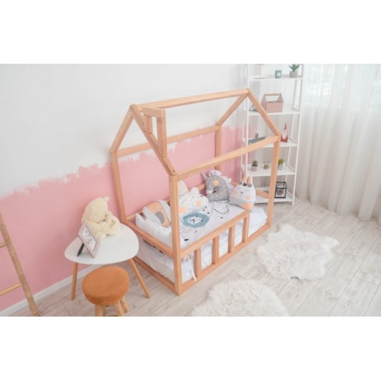 Children's bed Montessori house BUSY WOOD floor model 2 120x60 cm natural wood