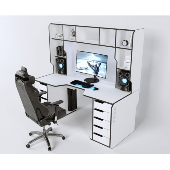 Gaming desk with add-on Viking-3L Zeus white + black edge