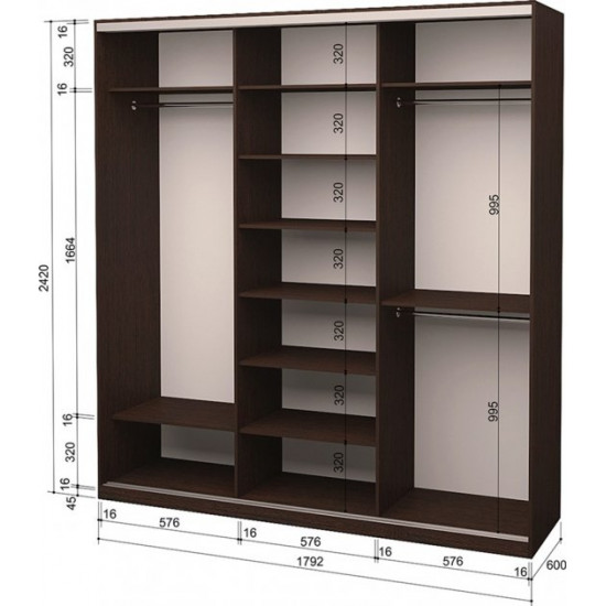 Three-door wardrobe Roko 179.2x242x60 cm Mirror Wenge Oak (20200024313)