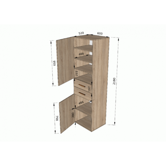 Bedroom pencil case with drawers, sonoma oak W600|H2190|D520