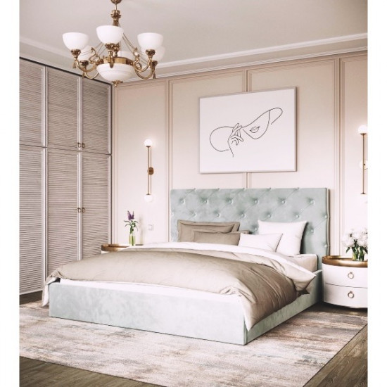 Double bed with soft headboard 160x200 Velor Viorina-deko laminated chipboard/fabric color gray