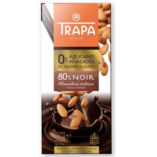 Chocolate Trapa INT 0% sugar black with almonds, 175g