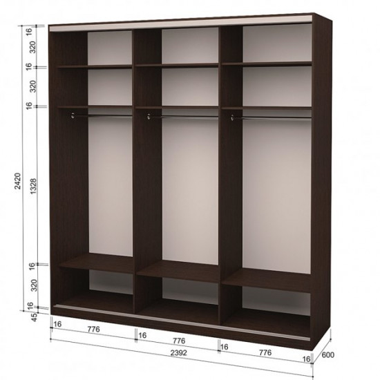 Three-door wardrobe ROKO 239.2x242x60 cm Mirror Oak Wenge (20200024334)