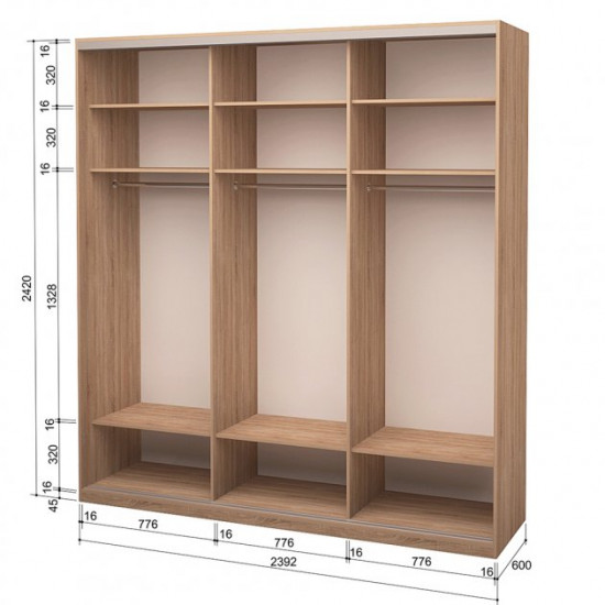 Three-door wardrobe ROKO 239.2x242x60 cm chipboard + Mirror Sonoma Oak (20200024465)