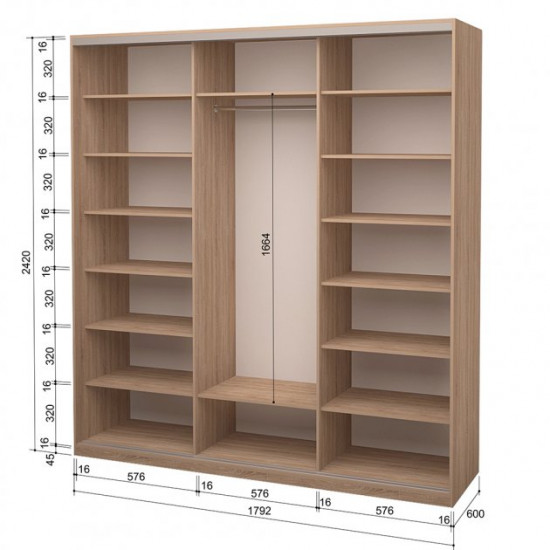 Three-door wardrobe ROKO 179.2x242x60 cm Mirror Sonoma Oak (20200024479)