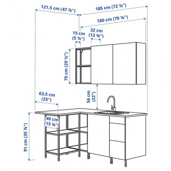 Кутова кухня IKEA ENHET 185х63, 5х222 см антрацит/сіра (593.382.26)