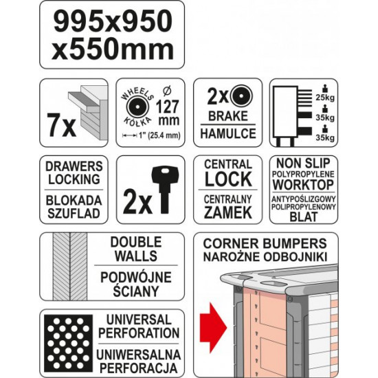 Інструментальний ящик-візок YATO 995x950x550 мм YT - 09008