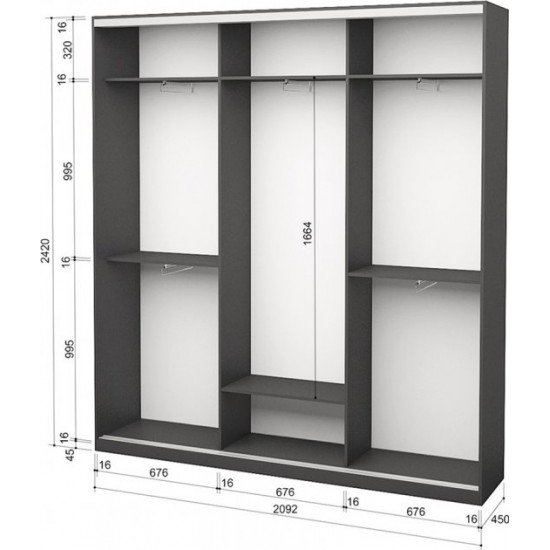 Three-door wardrobe Roko 209.2x45x242 cm Mirror Gray (20200027311)