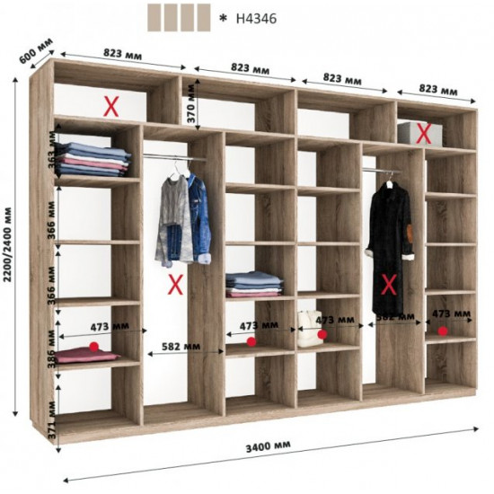 Sliding wardrobe HOUSE N4346 Alaska Chipboard+Mirror 340x60x240