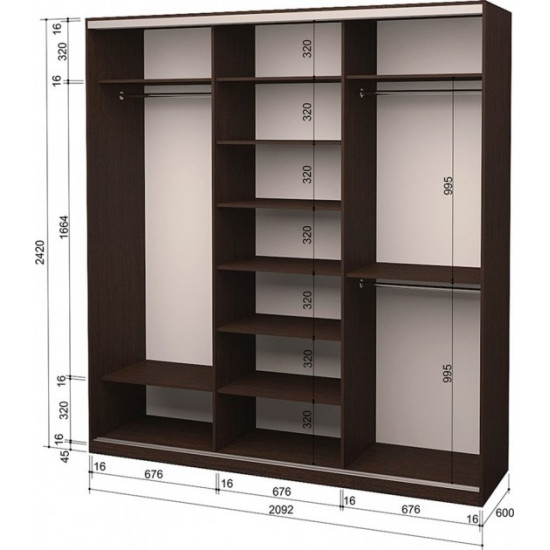 Three-door wardrobe Roko 209.2x242x60 cm Mirror Wenge Oak (20200024316)