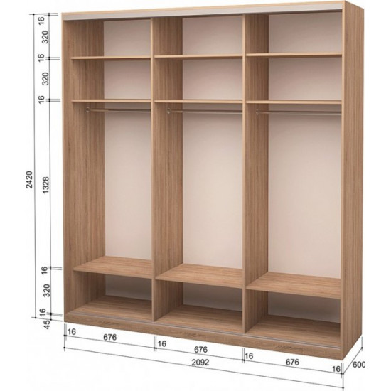 Three-door wardrobe Roko 209.2x242x60 cm Mirror Sonoma Oak (20200024458)