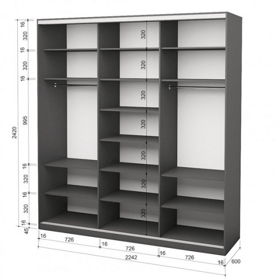 Three-door wardrobe ROKO 224.2x242x60 cm chipboard + Mirror Gray (20200027561)