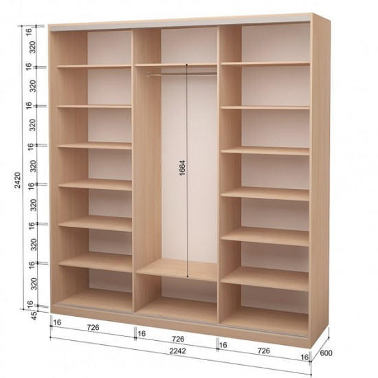 Three-door wardrobe ROKO 224.2x242x60 cm chipboard + Mirror Milk Oak (20200024421)