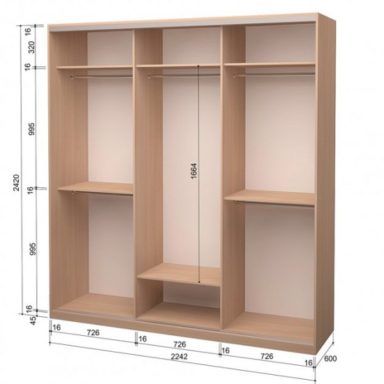  Шкаф-купе трехдверный ROKO 224.2x242x60 см ДСП + Зеркало Дуб Молочный (20200024373)