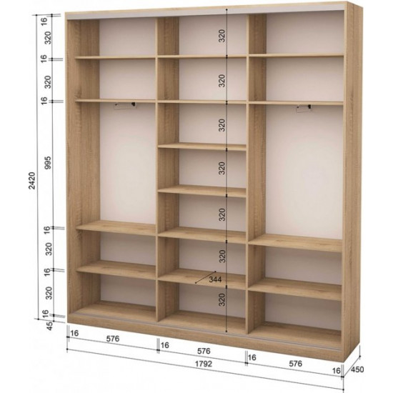 Three-door wardrobe Roko 179.2x45x242 cm Mirror Sonoma Oak (20200025316)