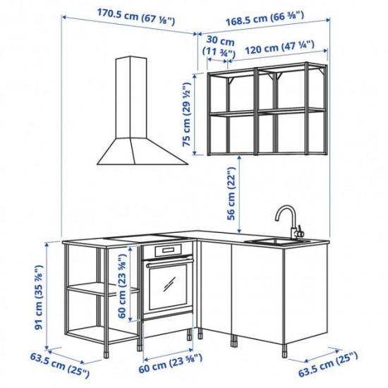 Cutout kitchen IKEA ENHET 170.5x63.5x222 cm white (993.379.27)