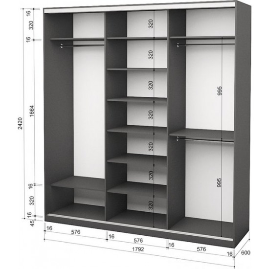 Three-door wardrobe Roko 179.2x242x60 cm chipboard Gray (20200027574)