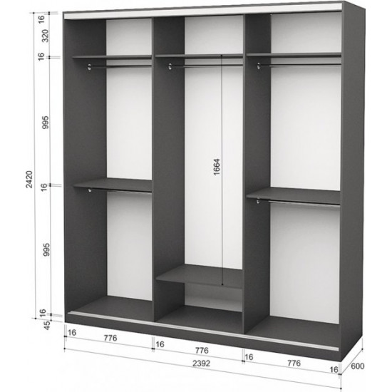 Three-door wardrobe Roko 239.2x242x60 cm Mirror Gray (20200027532)