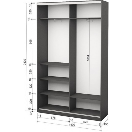 Шафа-купе дводверна Roko 140х242х45 см ДСП + Дзеркало Сірий (20200027282)