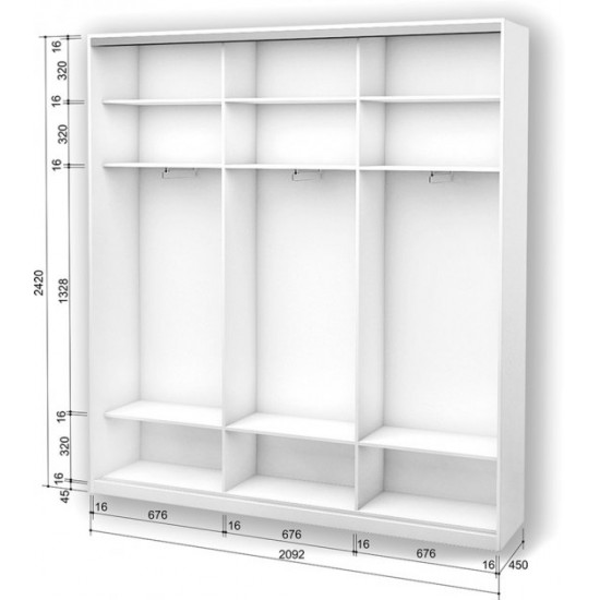 Three-door wardrobe Roko 209.2x45x242 cm Mirror White (20200027199)