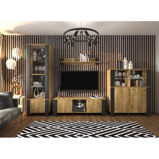 Showcase Sokme Old Wood 2D 61x44x196cm on legs with shelves Black / Craft gold oak