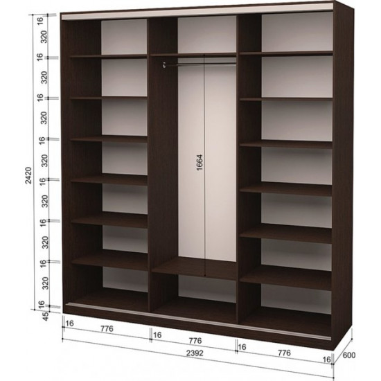 Three-door wardrobe Roko 239.2x242x60 cm Mirror Wenge Oak (20200024358)