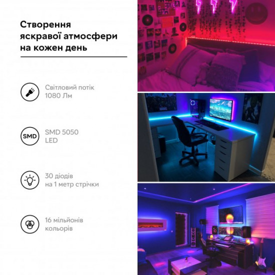 Розумна світлодіодна стрічка RZTK Smart LED 3 USB RGB