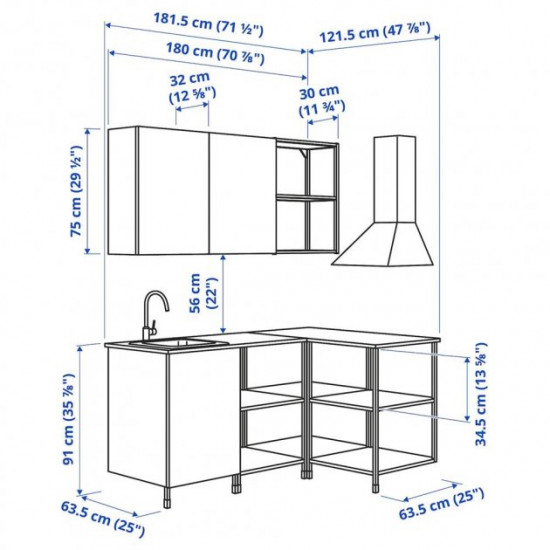 Cutout kitchen IKEA ENHET 181.5x63.5x222 cm anthracite/white (493.381.61)