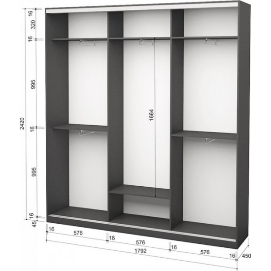 Three-door wardrobe Roko 179.2x45x242 cm Mirror Gray (20200027256)