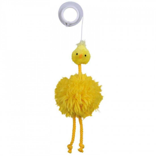 Trixie the Chicken plush on an elastic band for cats