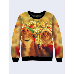 Mens 3D-print sweatshirt - Christmas red cats. Long sleeve. Made in Ukraine.